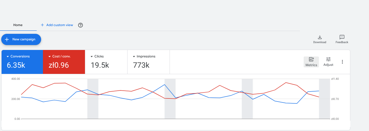 MooMoo Google Ads performance showing conversions, cost per conversion, clicks and impressions